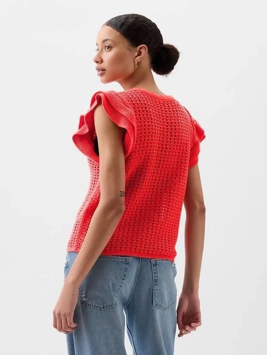 Gap Crochet Flutter Sleeve Coral Scalloped Sweater Tank Small - Picture 2 of 7